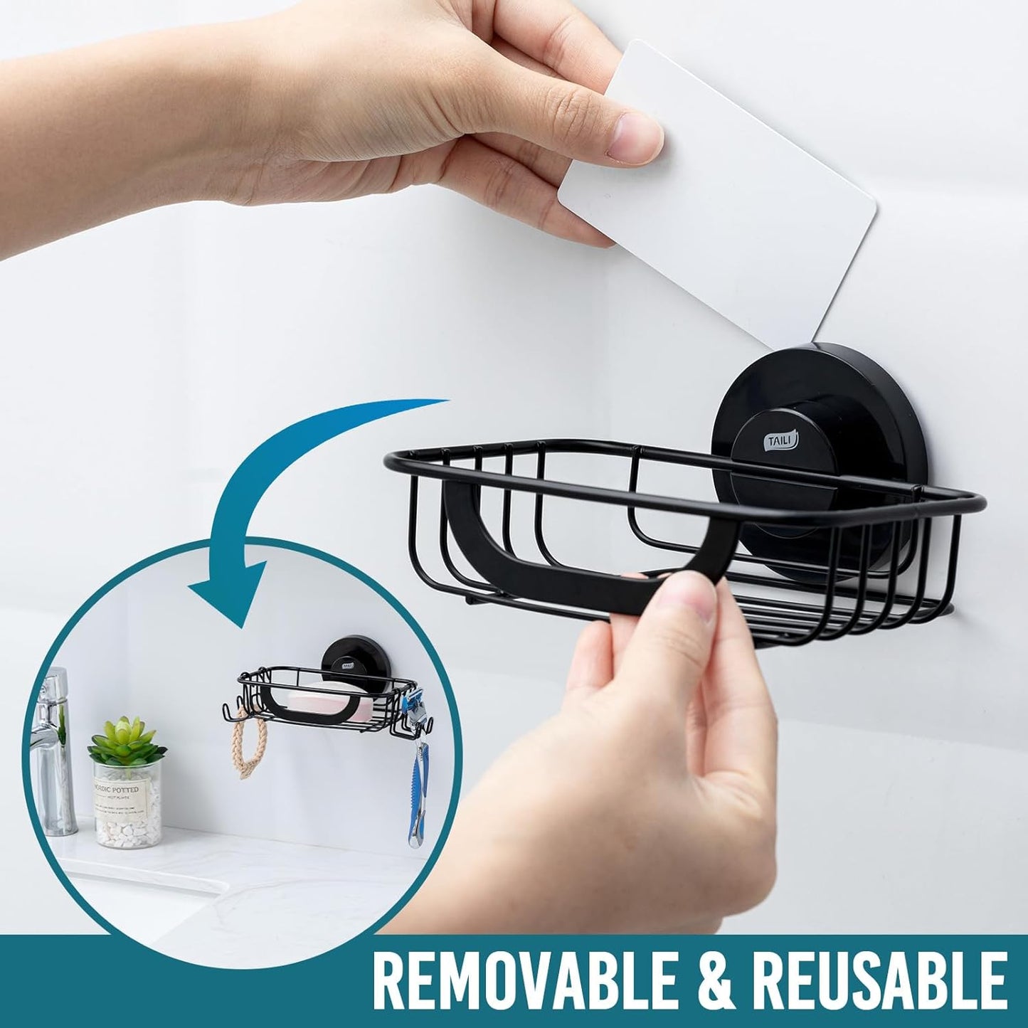 Soap Bar Holder Dish with Hooks, Shower Soap Tray Saver Suction Cup with Razor Holder for Wall, Rustproof Stainless Steel Bath Shampoo Caddy for Bathroom Accessories Organizer,Sink,Black