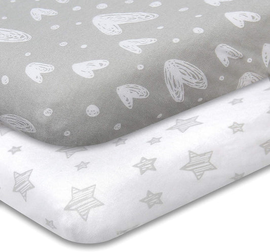 Pack and Play Sheets Fitted, 2 Pack Playard Sheets Fits for Graco Pack N Play Mattress, 100% Jersey Knit Cotton Mini Crib Sheets for Baby Boys & Gril