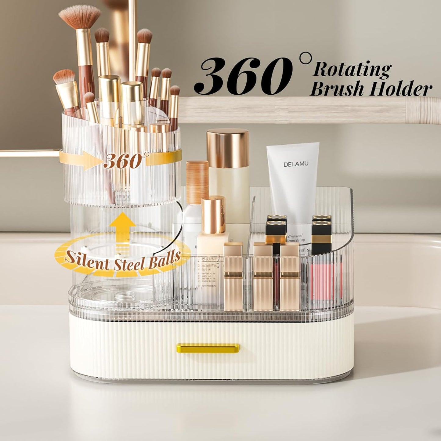 Makeup Organizer for Vanity with Stackable Drawers, 360 Rotating Makeup Brush Holder Large Cosmetic Display Case for Dresser, Bathroom Countertop Skincare Organizers and Storage, Elegant White