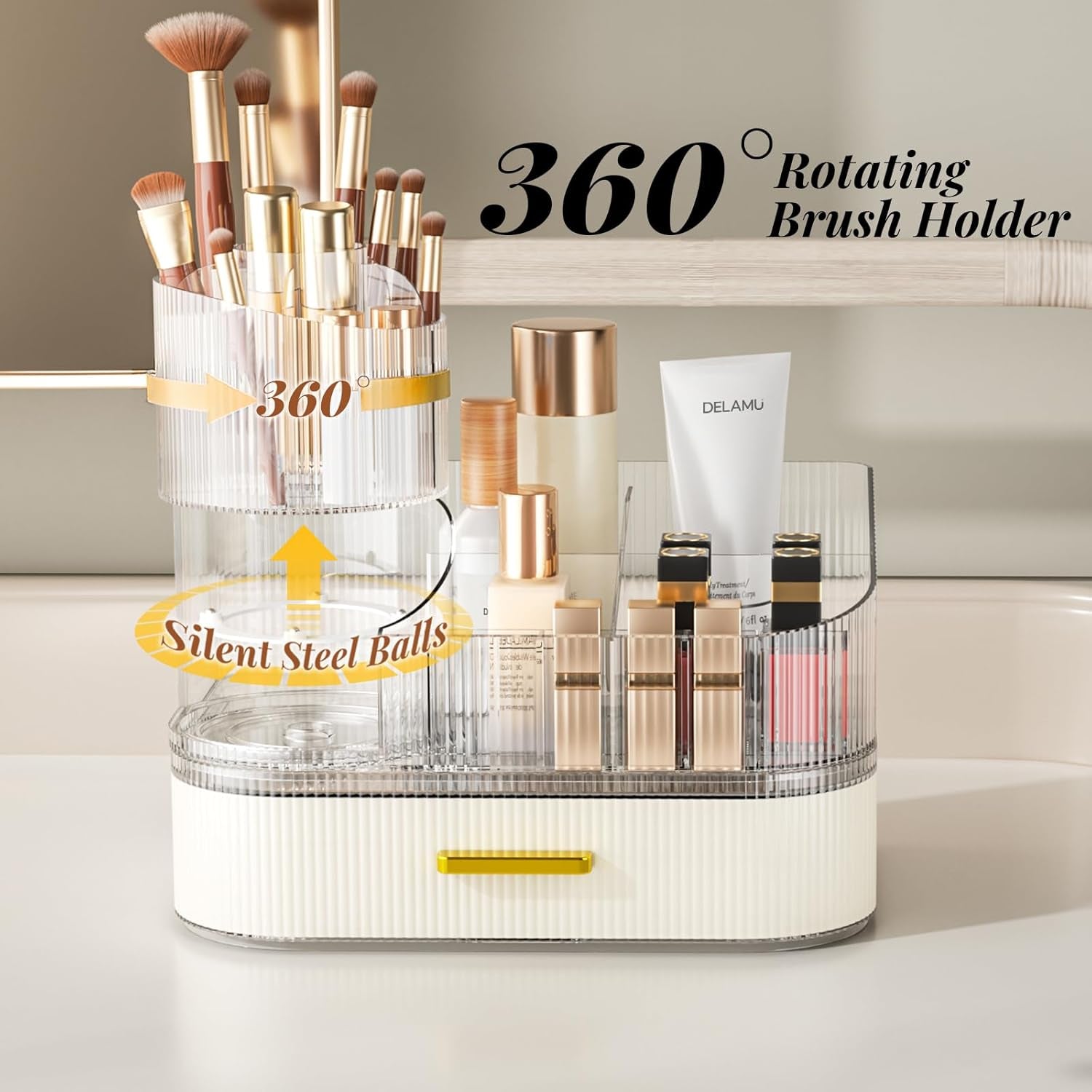 Makeup Organizer for Vanity with Stackable Drawers, 360 Rotating Makeup Brush Holder Large Cosmetic Display Case for Dresser, Bathroom Countertop Skincare Organizers and Storage, Elegant White