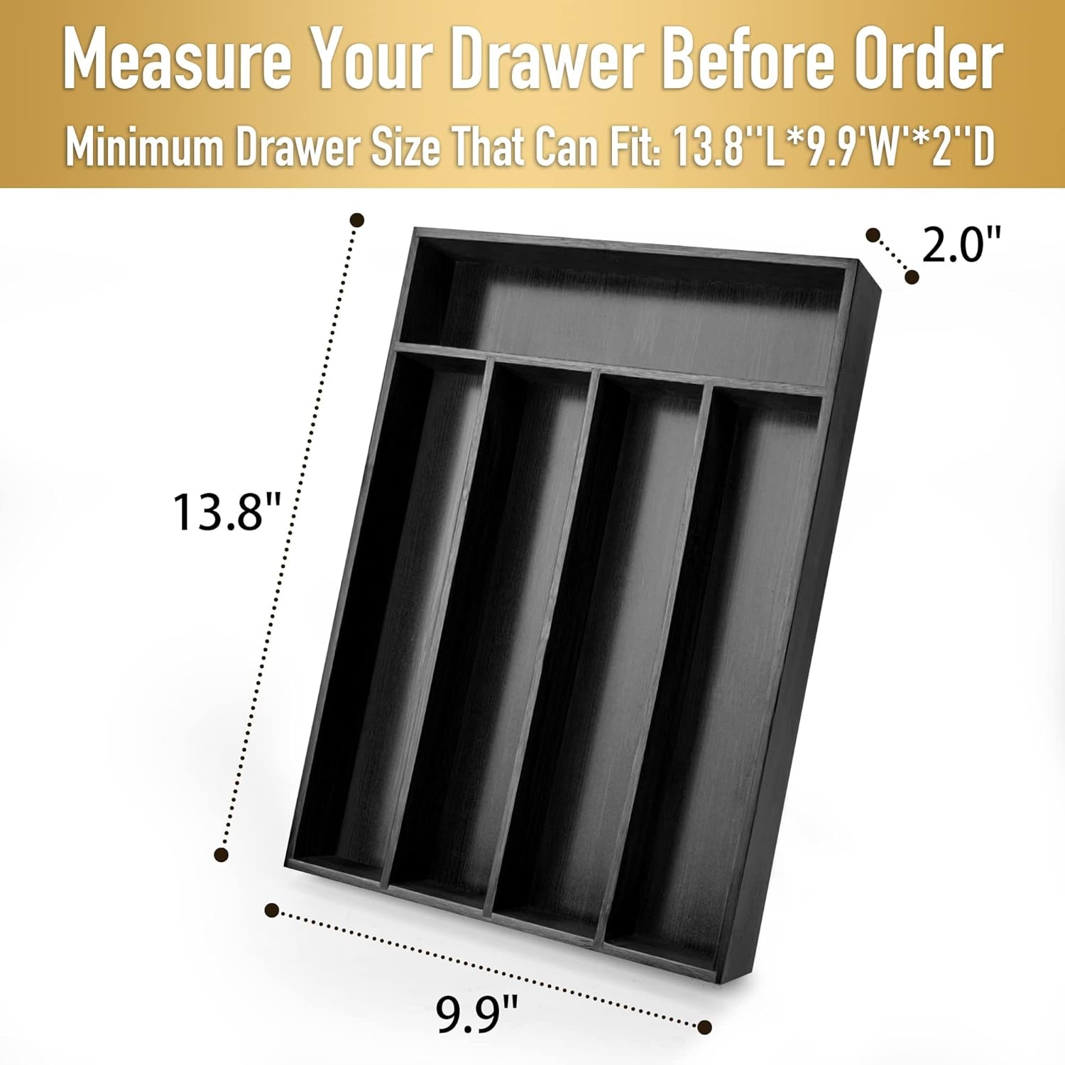 Bamboo Silverware Holder - Drawer Organizer with 5 Slots (Black)