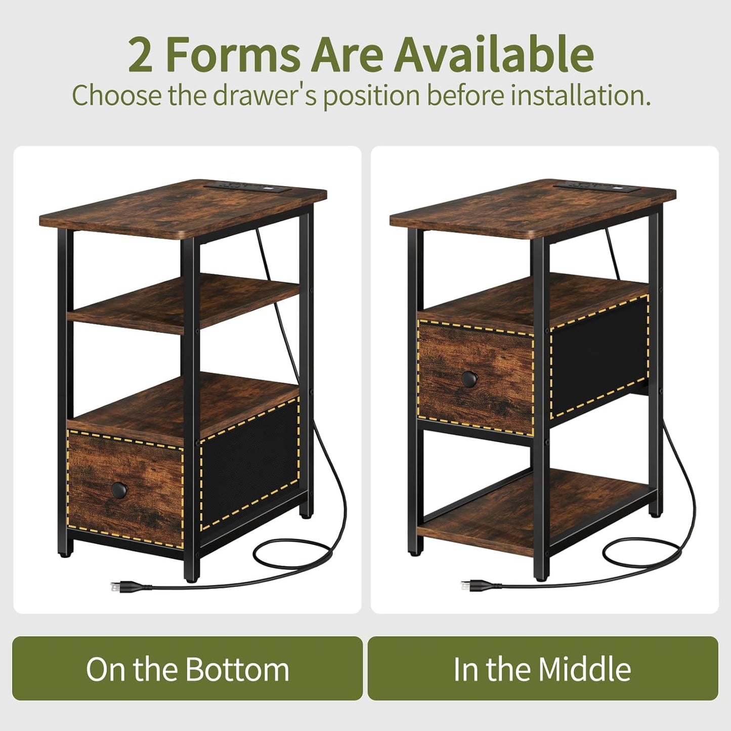 End Table with Charging Station, Narrow Side Table with Adjustable Fabric Drawer, 3-Tier End Tables Living Room, Small Nightstand with Outlets, LED Skinny Night Stand for Bedroom Small Spaces