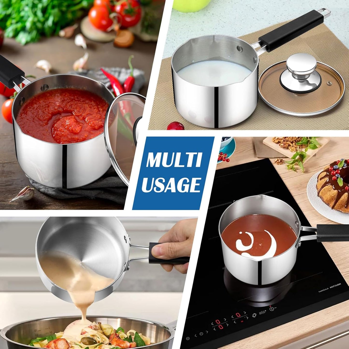 1 Qt Sauce Pan with Lid, Small Stainless Steel Sauce Pan, Tri-Ply Milk Induction Saucepan for Cooking Boiling Stewing, Heat-Proof Handle & Visible Lid, Dishwasher Safe