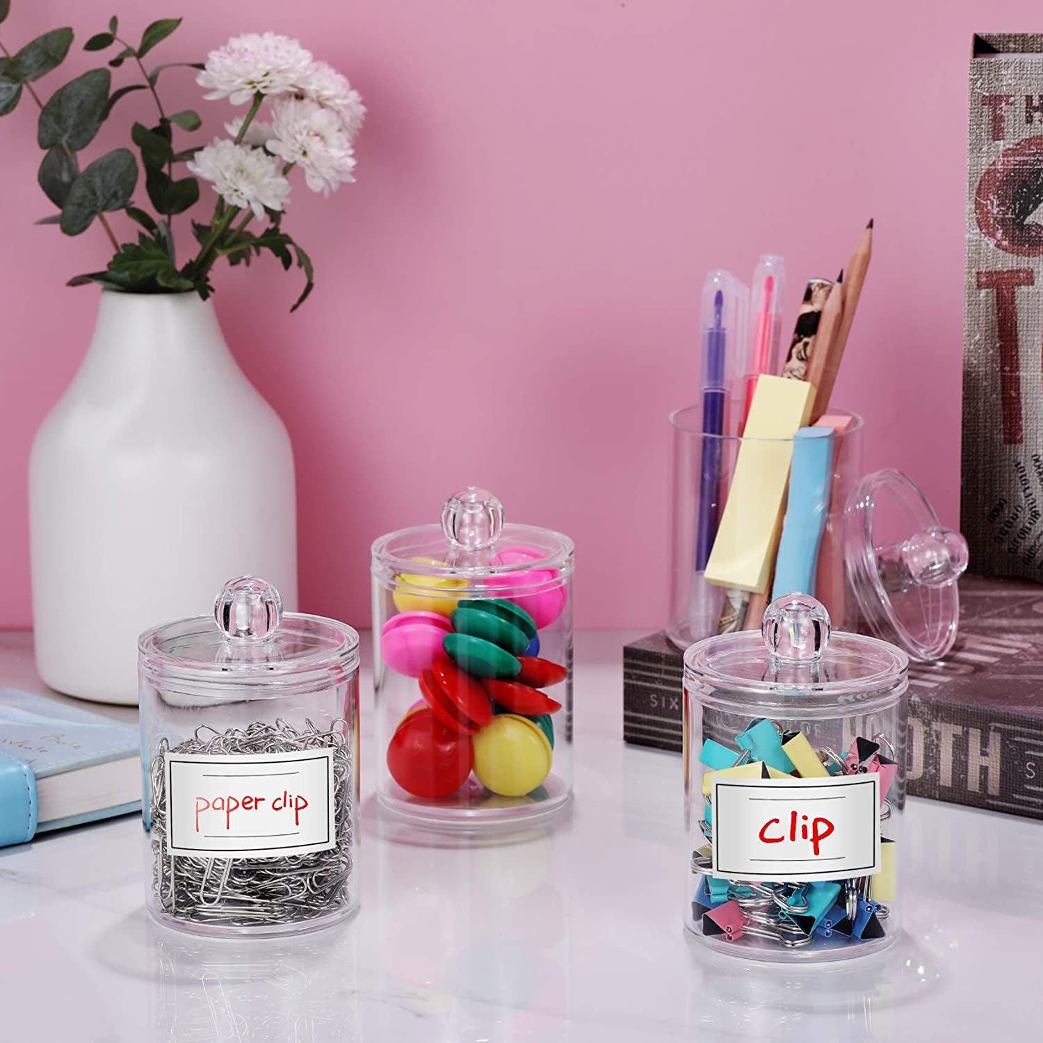 2 Pack Acrylic Qtip Holder Dispenser for Cotton Swabs, Balls, Pads, Floss Picks- Small Clear Plastic Canister Apothecary Jar Set, Bathroom Essentials Accessories Decor, Vanity Makeup Storage Organizer