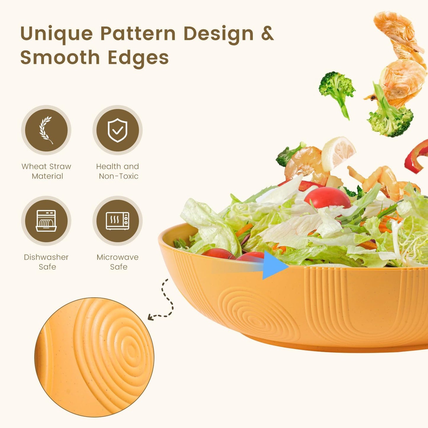 Wheat Straw 10-Inch Large Salad Bowls - Set of 6, Wide and Shallow, Microwave and Dishwasher Safe, Assorted Colors