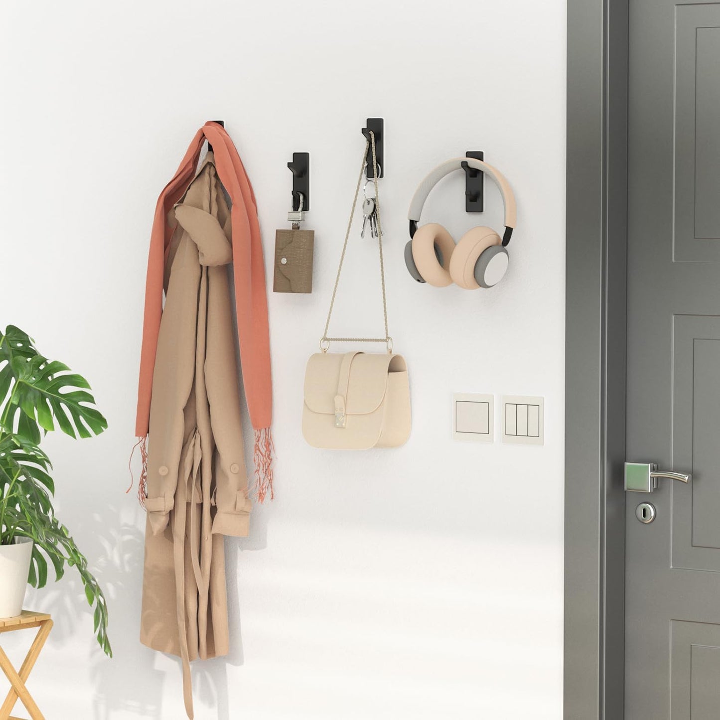 Self Adhesive Coat Hooks for Hanging: Heavy Duty Stainless Wall Hook for Towel, Backpack, Hat, Sturdy Metal Hanger for Bathroom, Bedroom, Door, Dorm, 4-Pack, Matt Black