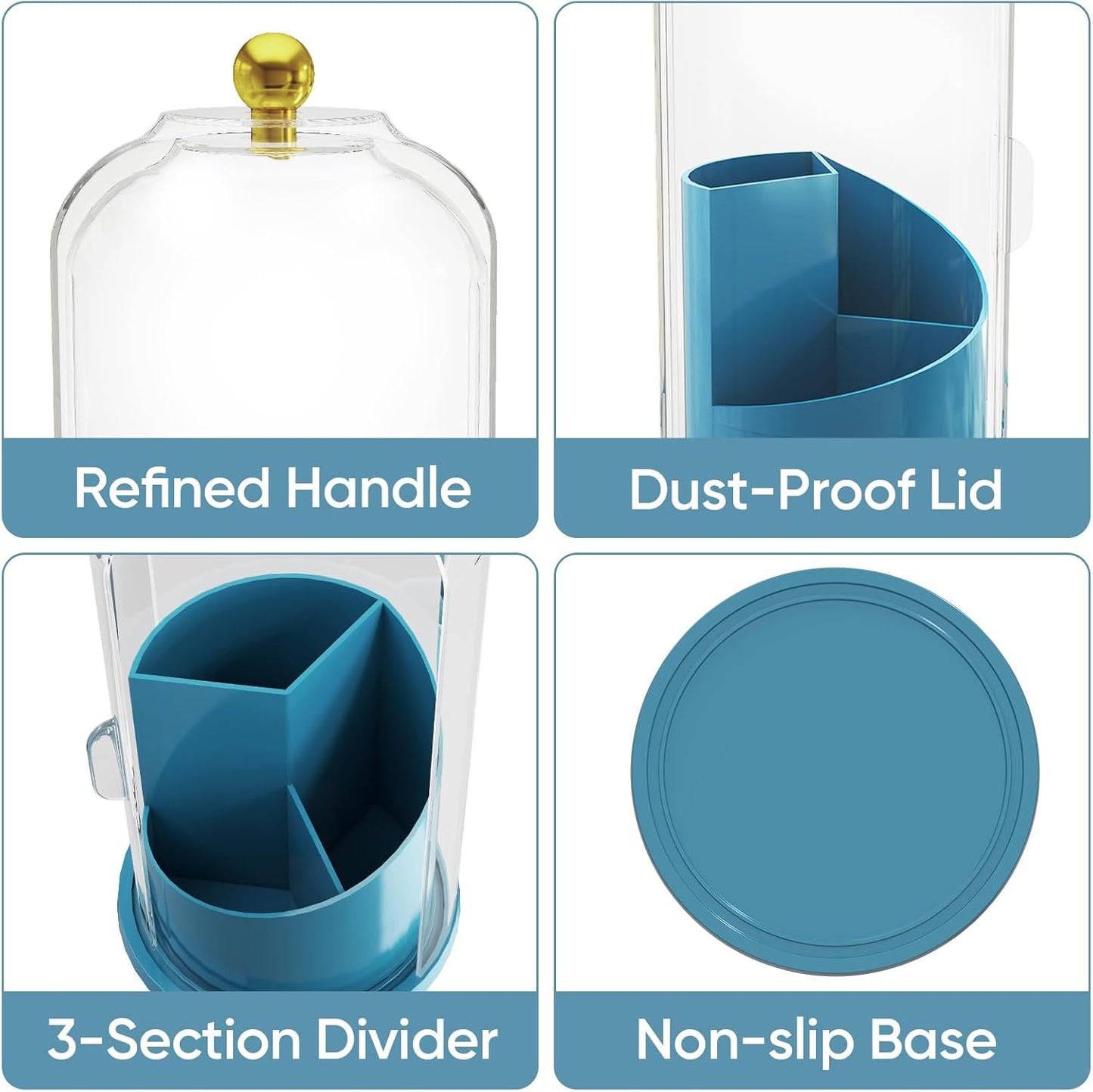 Toothbrush Holders with 360° Smooth Rotating Base, 3 Slots Bathroom Organizer Countertop with Sliding Lid, Brush Toothpaste Holder Makeup Brush Organizer for Vanity, Blue