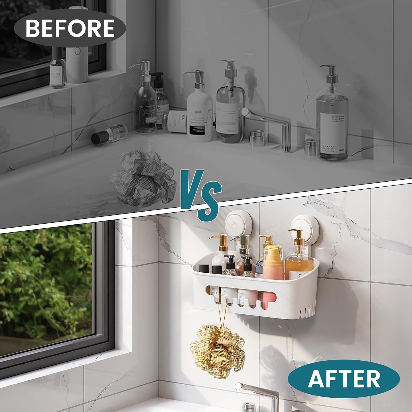 Shower Caddy Suction Cup, Heavy Duty Bathroom Organizer, Removable Shelves for inside Shower, Shampoo, Waterproof Suction Plastic Storage for Bathroom Accessories Holder, White