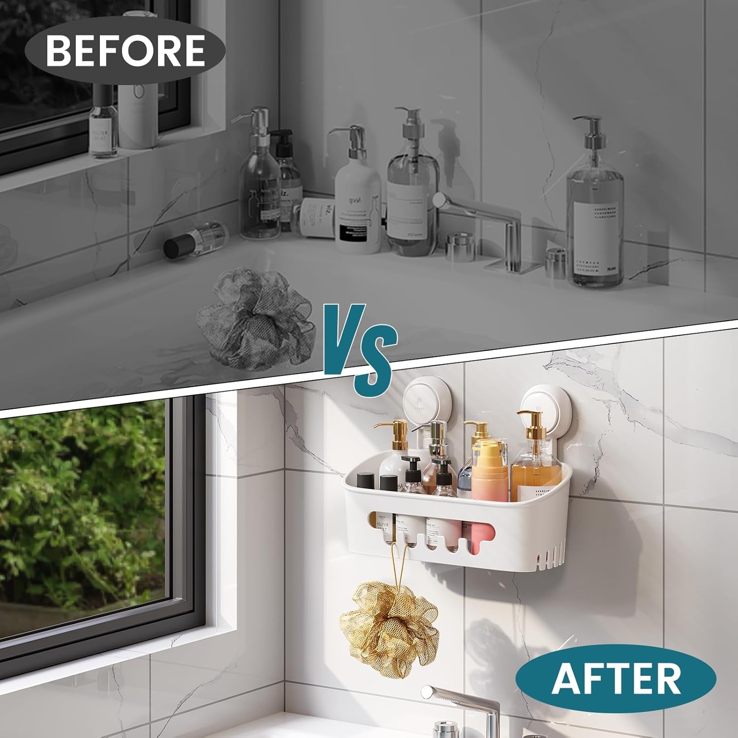 Shower Caddy Suction Cup, Heavy Duty Bathroom Organizer, Removable Shelves for inside Shower, Shampoo, Waterproof Suction Plastic Storage for Bathroom Accessories Holder, White