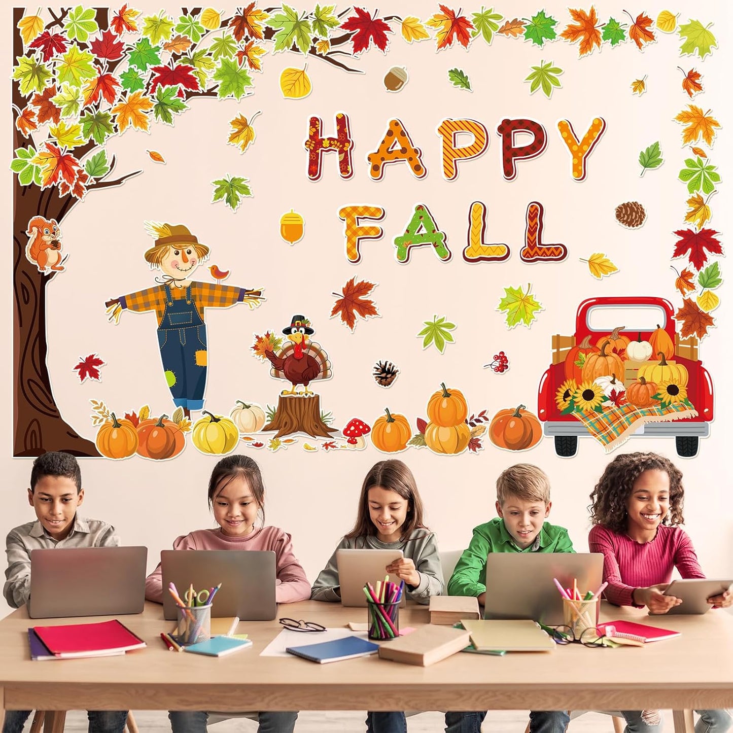 89Pcs Happy Fall Bulletin Board Decorations Set Fall Tree Pumpkin Maple Leaves Turkey Cutouts with Glue Points for Halloween Thanksgiving Autumn Home School Classroom Wall Chalkboard Decor