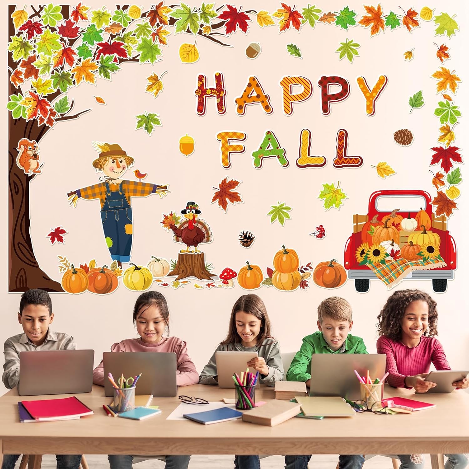 89Pcs Happy Fall Bulletin Board Decorations Set Fall Tree Pumpkin Maple Leaves Turkey Cutouts with Glue Points for Halloween Thanksgiving Autumn Home School Classroom Wall Chalkboard Decor
