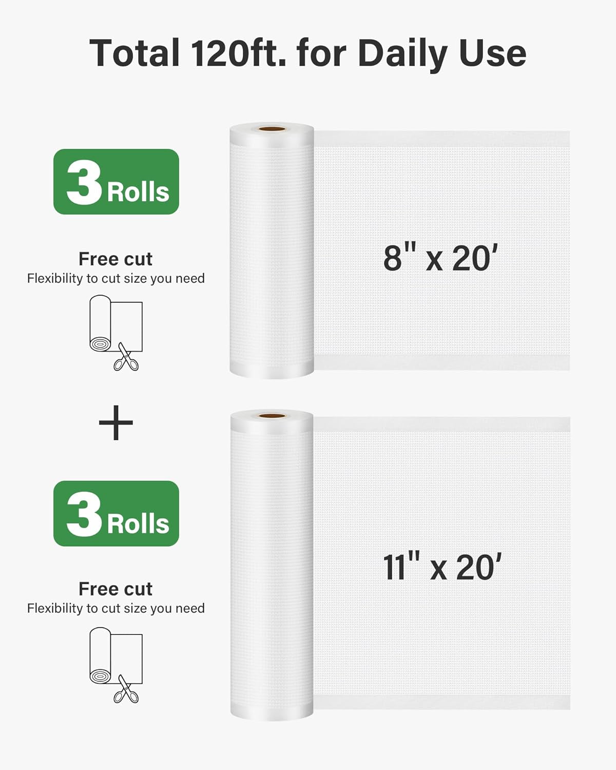 Vacuum Sealer Bags for Food, 6 Rolls for Custom Fit Food Storage, Meal Prep or Sous Vide, 8" X 20' (3 Rolls) and 11"X 20' (3 Rolls) Commercial Grade Vacuum Seal Freezer Bags Rolls