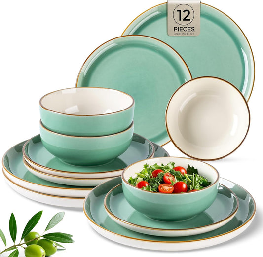 12-Piece Stoneware Dinnerware Set, Dishwasher and Microwave Safe, Service for 4