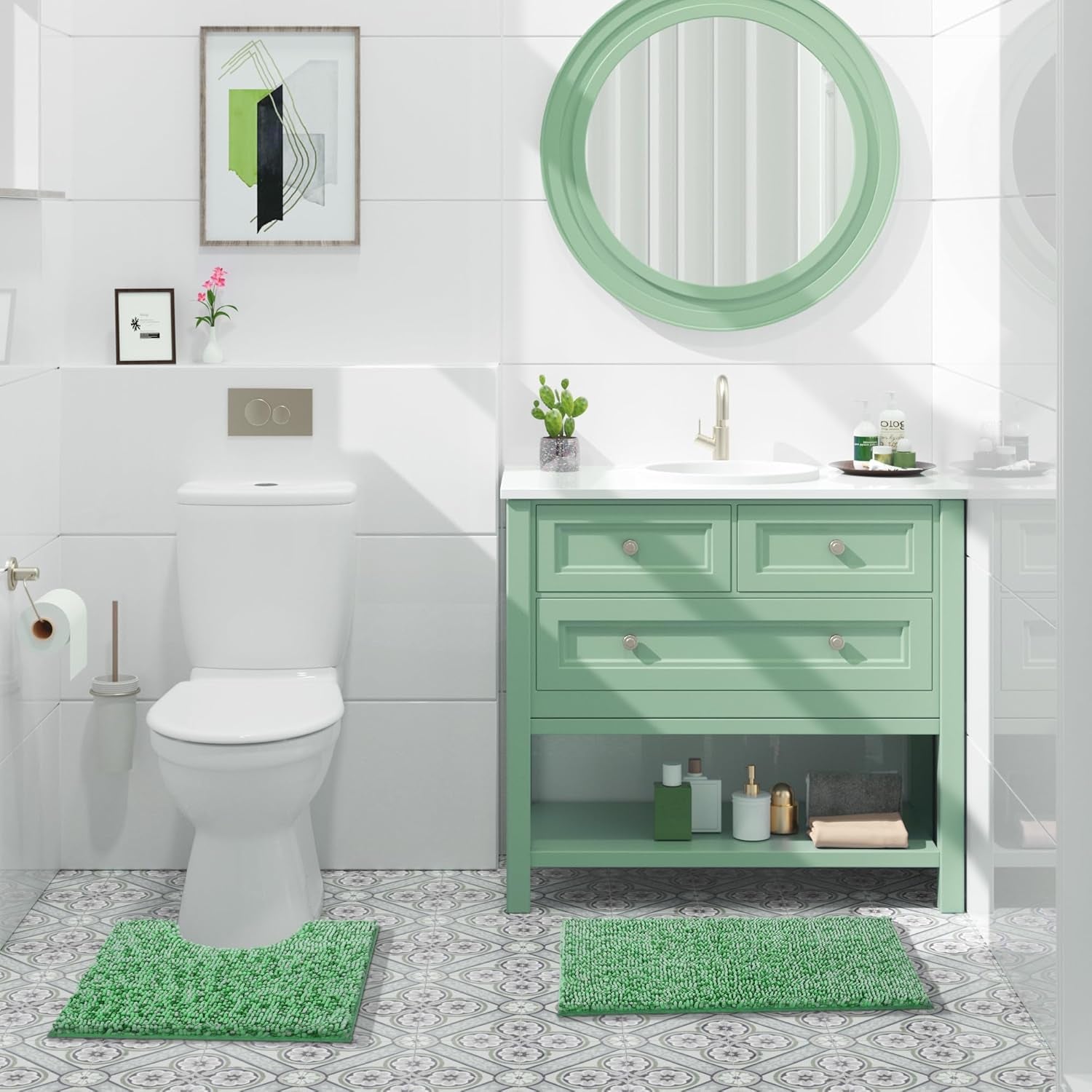 Luxury Chenille U-Shaped Toilet Rug, Super Soft Shaggy Contour Bath Mat for Bathroom Floor, Fluffy, Water Absorbent, Non Slip, Machine Washable, Dry Quickly, 24''X 20'', Light Green & Green