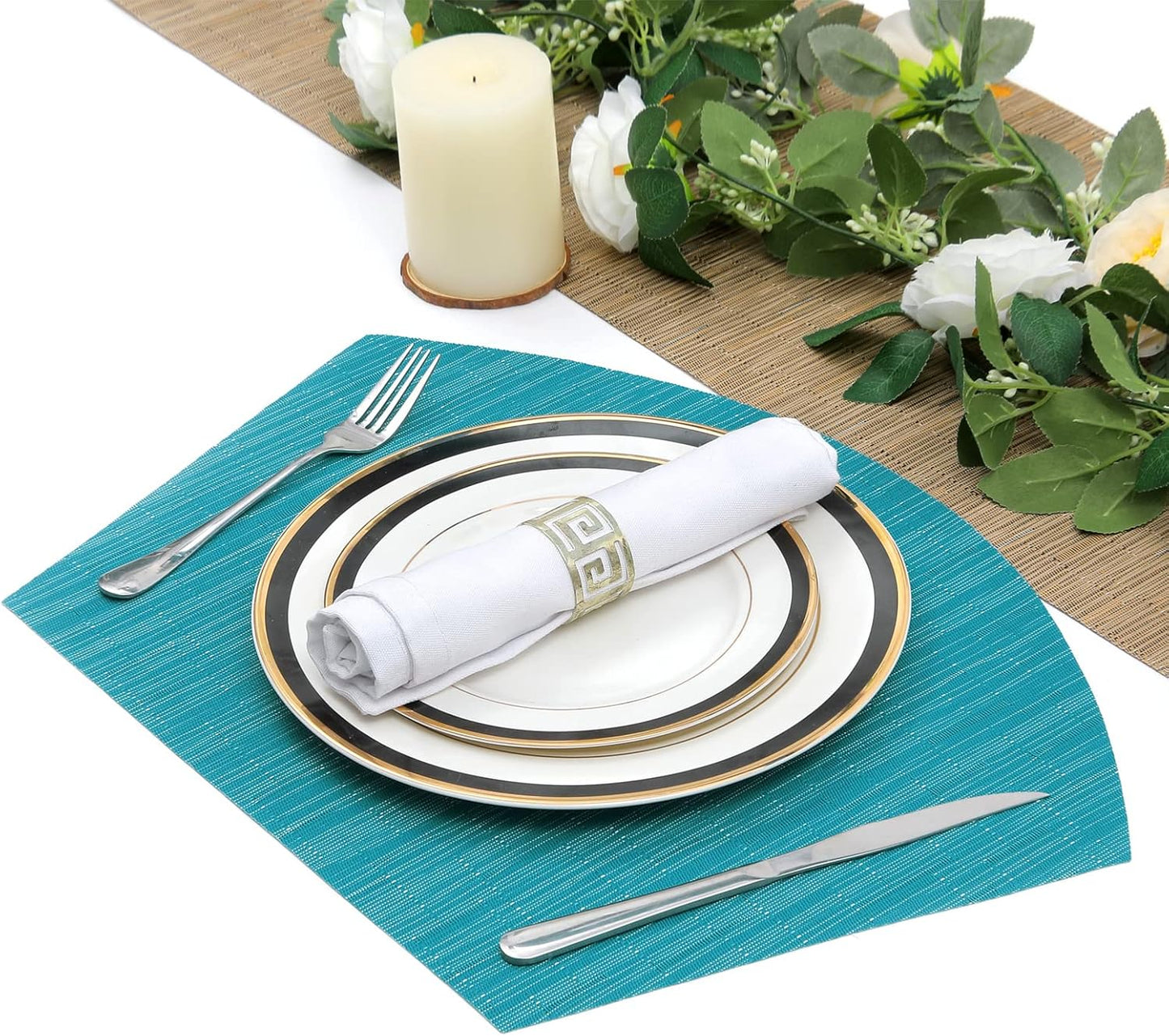 Large Size Wedge Placemats with Centerpiece Set of 5, PVC Woven Vinyl Place Mats for round Table Washable Indoor Outdoor Table Placemats, Blue