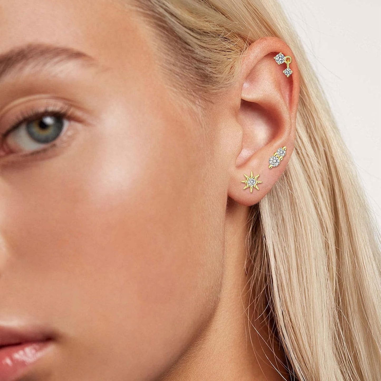 Mother'S Day Flat Back Stud Earrings for Women, 14K Gold Plated Screw Back Earrings, Two Tiny CZ Stud Flat Back Earrings, Hypoallergenic Stud Earrings for Helix Cartilage Piercing Jewelry (Style 1)