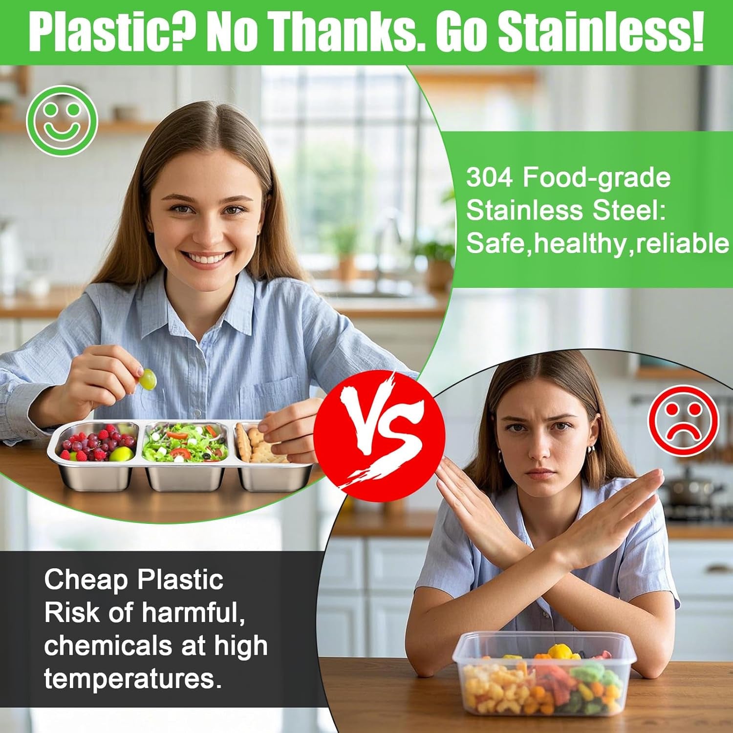 Snackle Box Container Stainless Steel, Reusable Snack Containers with Lids, 3 Compartment Divided Food Storage Containers for School, Home, Travel