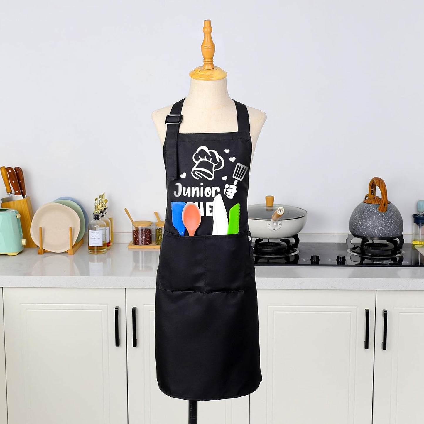 Kids Apron and Chef Hat Set, Funny Apron (Junior CHEF) Adjustable Child Apron with 2 Pockets Waterproof Chef in Training Gifts for Boys and Girls 64 X 45 Cm