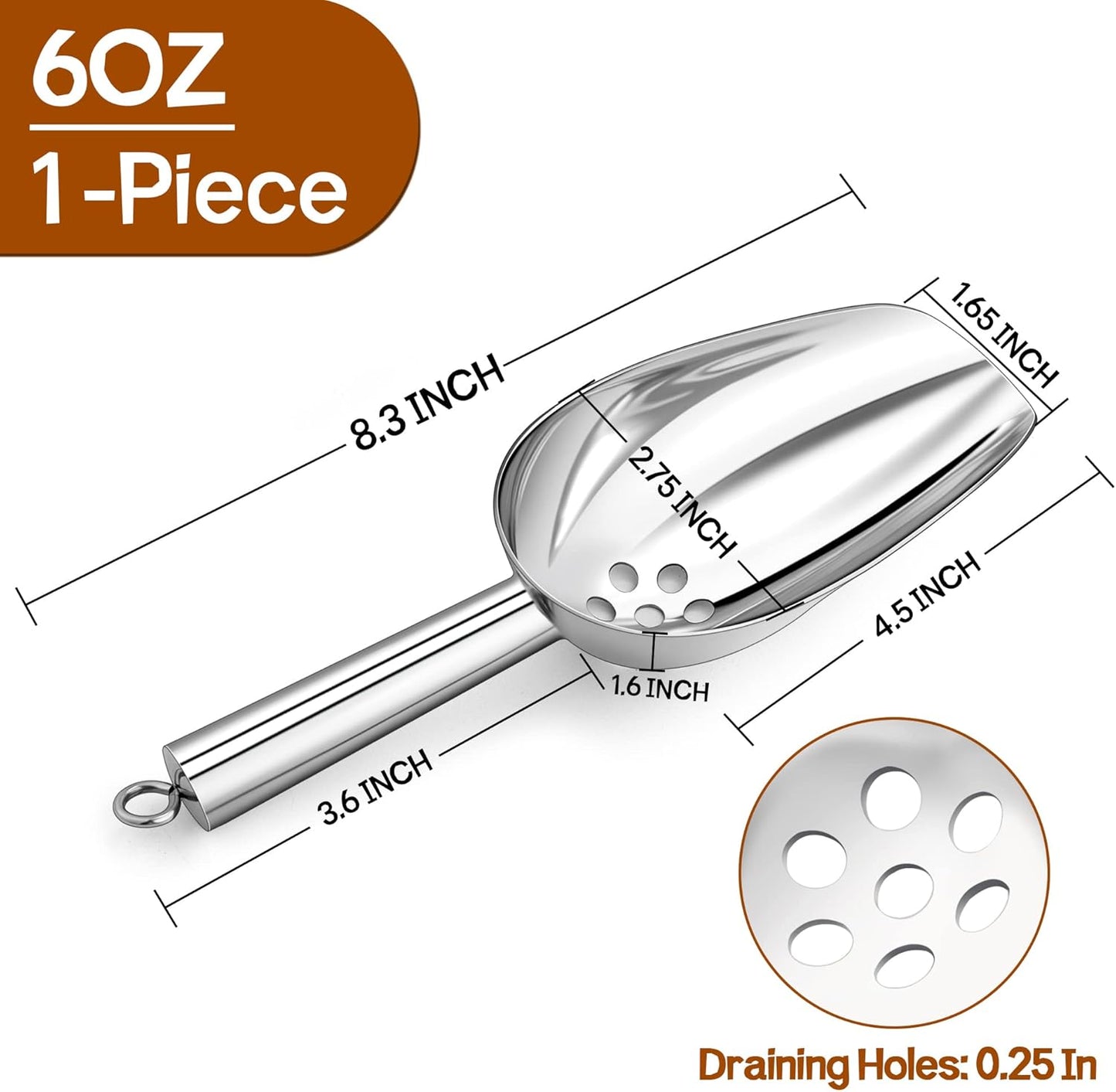 6 Oz Ice Scoop with Drain Holes, Small Stainless Steel Candy Food Coffee Bean Scoop, Utility for Kitchen Garden Bar Wedding Bath, Heavy Duty & Non Toxic & Easy Clean, Silver - 1 Piece