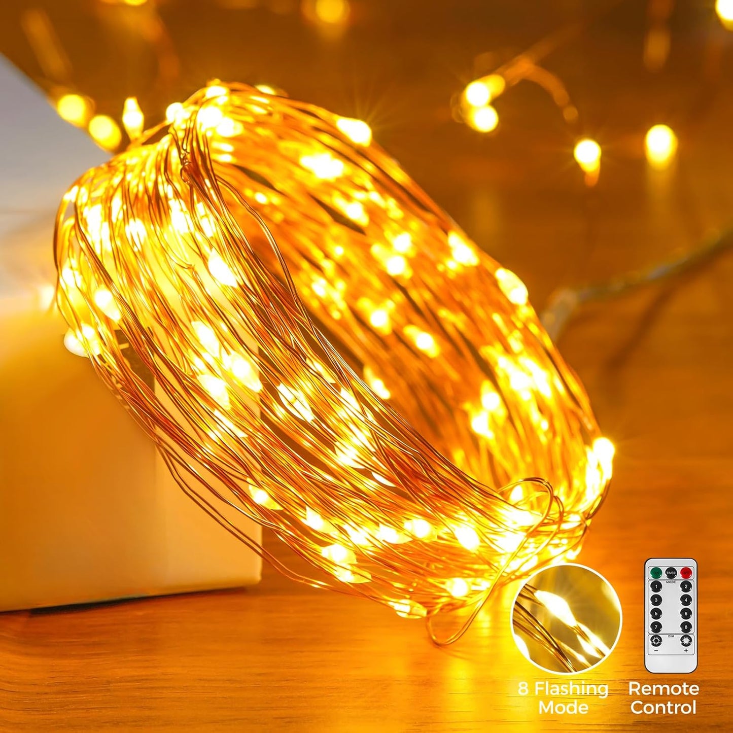 1 Pack 32. 8 Ft. USB Powered Fairy Lights with Remote & Timer, 100 LED USB Twinkle String Lights - Silver Wire, 8 Modes, Waterproof, Warm White Starry Lights for Party, Wedding, Christmas