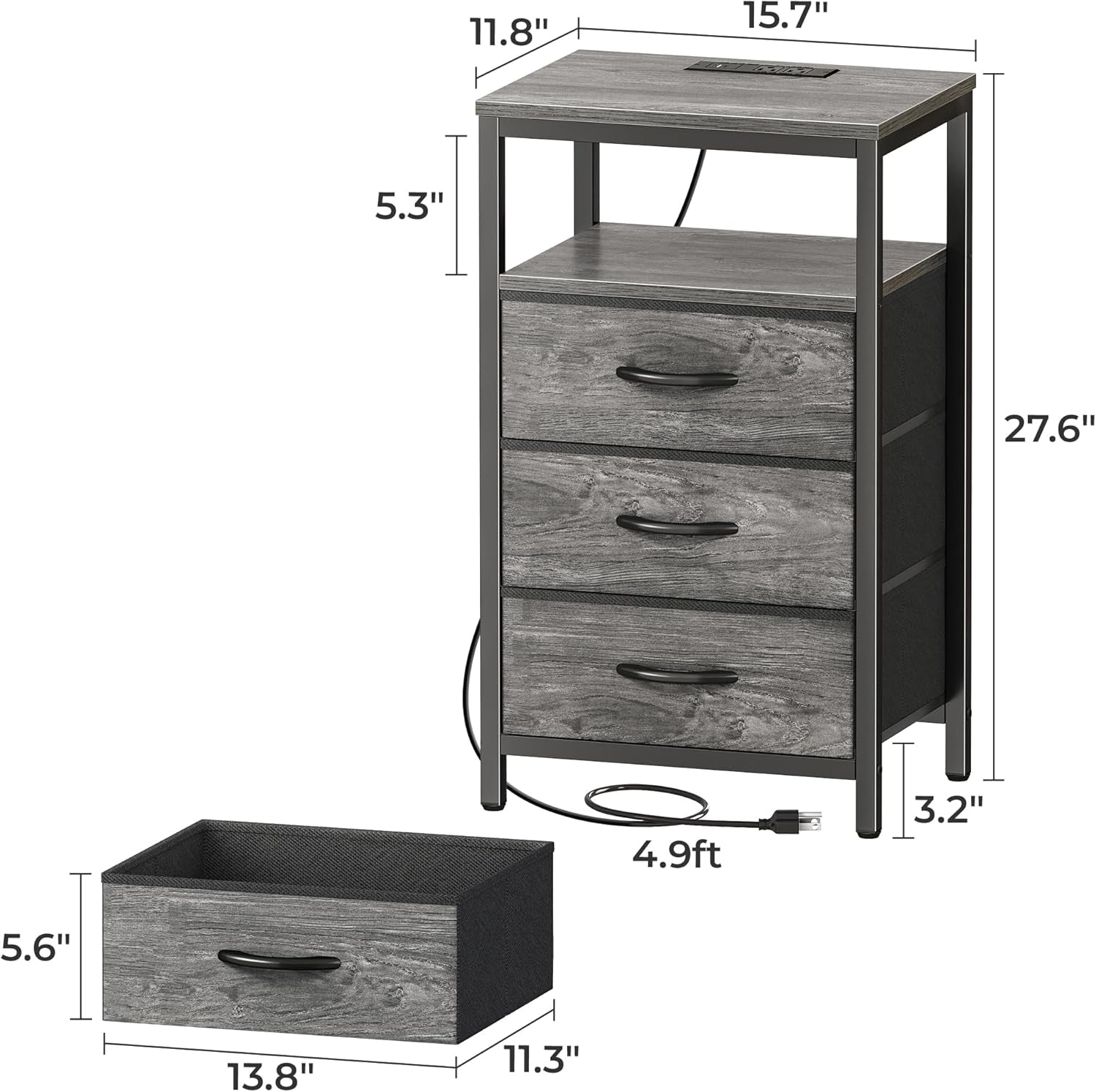 27.6-Inch Nightstand with Integrated Charging Station, End Table with USB Ports and Outlets, Bedroom Night Stand Featuring Fabric Drawers in Grey