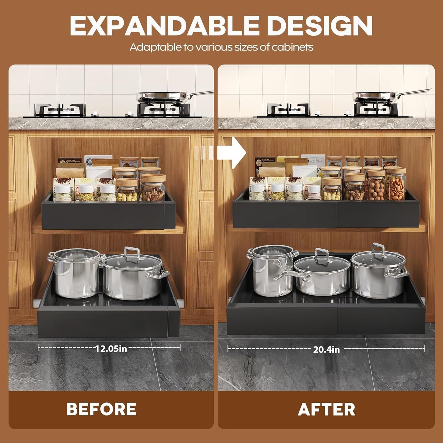 Expandable Pull-Out Cabinet Organizer Set - 21" Deep with Adjustable Width (12.05"-20.4"), Enhanced 3-Slide Rail Design, Black