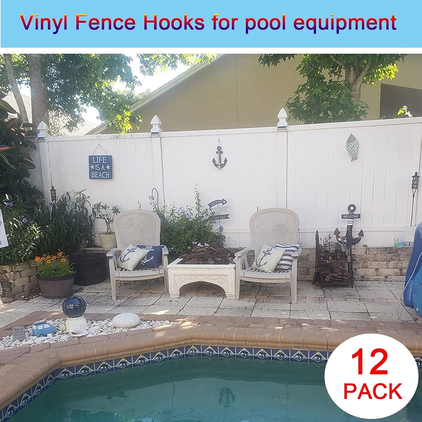 12-Pack Vinyl Fence Hangers - 2 x 6 Inch Patio Light Hooks, White Powder Coated Steel for Hanging Plants, Planters, Bird Feeders, and Lights