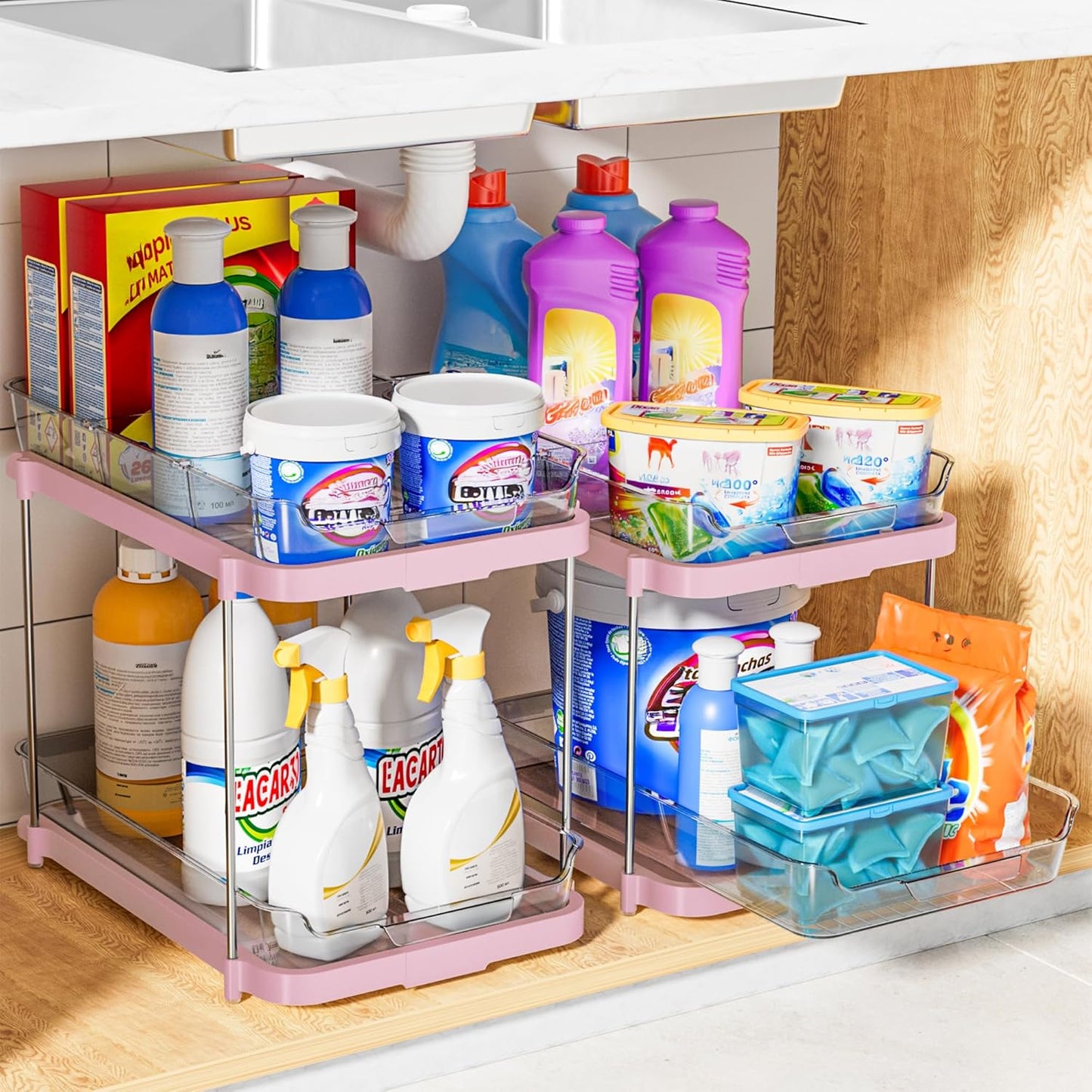 2 Sets of 2-Tier Multi-Purpose Bathroom under Sink Organizers and Storage, Stackable Kitchen Pantry Organization, Pull Out Medicine Cabinet Organizer with 8 Movable Dividers, Pink