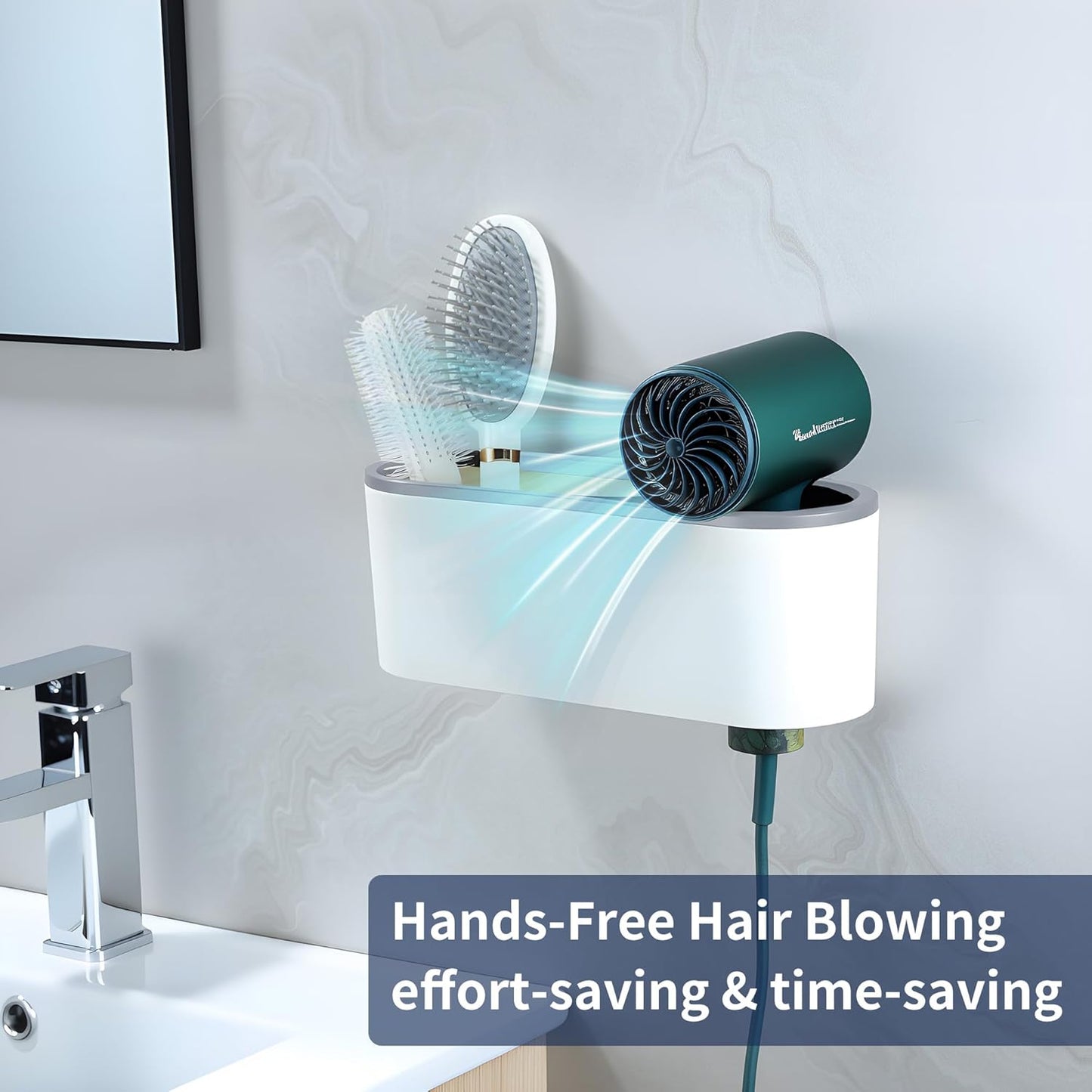 Self-Adhesive Hair Dryer Holder - 3-in-1 Hair Tool Organizer for Bathroom, Wall-Mounted, Over Cabinet Door, and Free-Standing, White and Grey