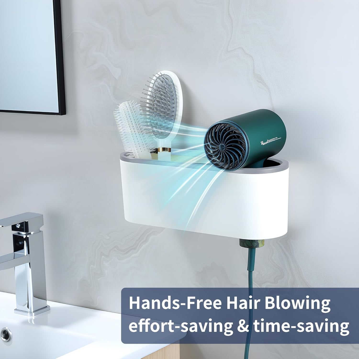 Self-Adhesive Hair Dryer Holder - 3-in-1 Hair Tool Organizer for Bathroom, Wall-Mounted, Over Cabinet Door, and Free-Standing, White and Grey