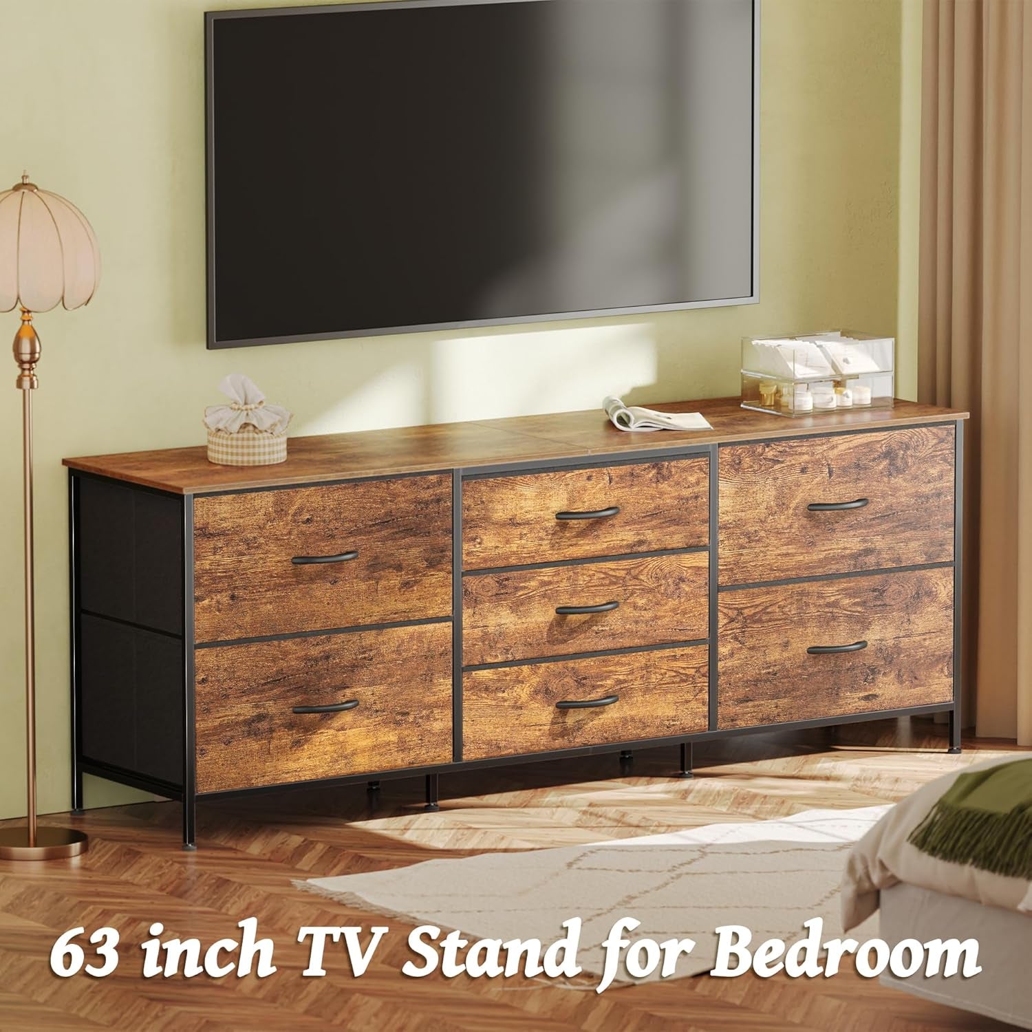 Rustic Brown 63-Inch TV Stand and 7-Drawer Dresser for Bedroom Storage, Suitable for 55 to 70 Inch TVs