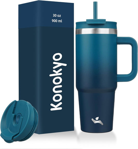 30 Oz Tumbler with Handle and 2 Straws,2 in 1 Lid Insulated Water Bottle Stainless Steel Travel Coffee Mug,Indigo Black