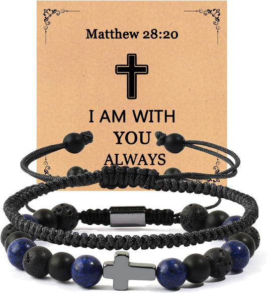 Cross Communion Beads Bracelets Gifts for Teenage Boys, Christian Baptism Lapis Lazuli Bracelets Gifts for Grandson Son Brother Cousin Teens Friends