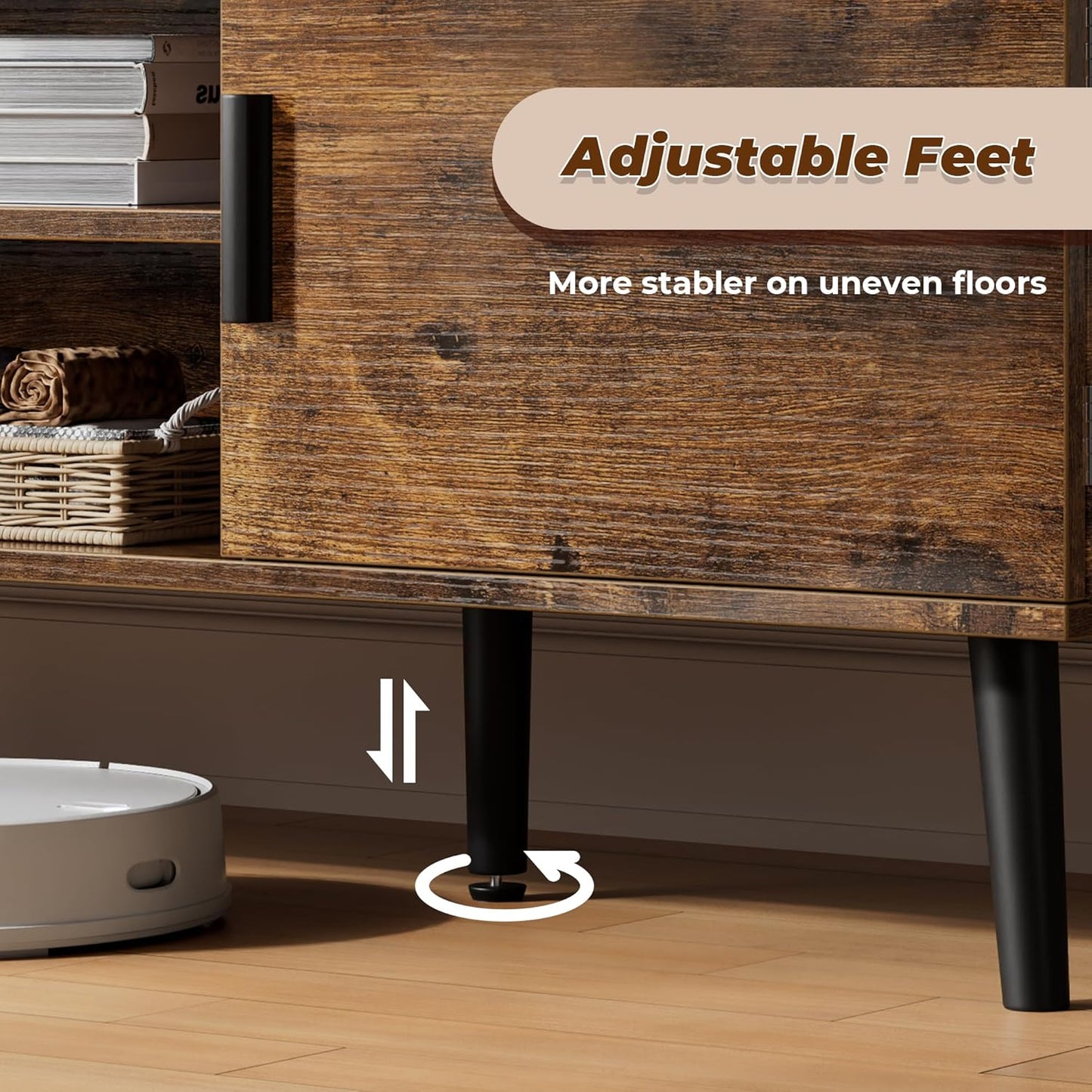 55-Inch TV Stand and Entertainment Center with Adjustable Shelves, Dual Cabinets, Solid Wood Feet, and Cord Management for Living Room and Bedroom in Rustic Brown Finish