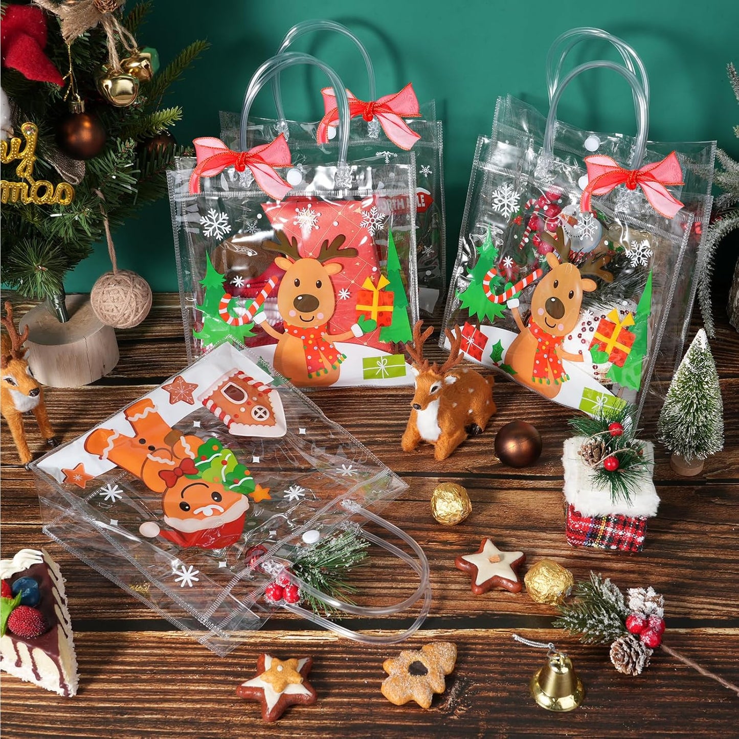 24Pcs Christmas Clear Gift Bags Plastic Totes Bags with Handles Bow Ribbon for Candy Treat Goodie and Party Favors Elk Snowman Santa Gift Bags for Christmas Decorations, 7.8 * 7.8 * 3.15 Inch