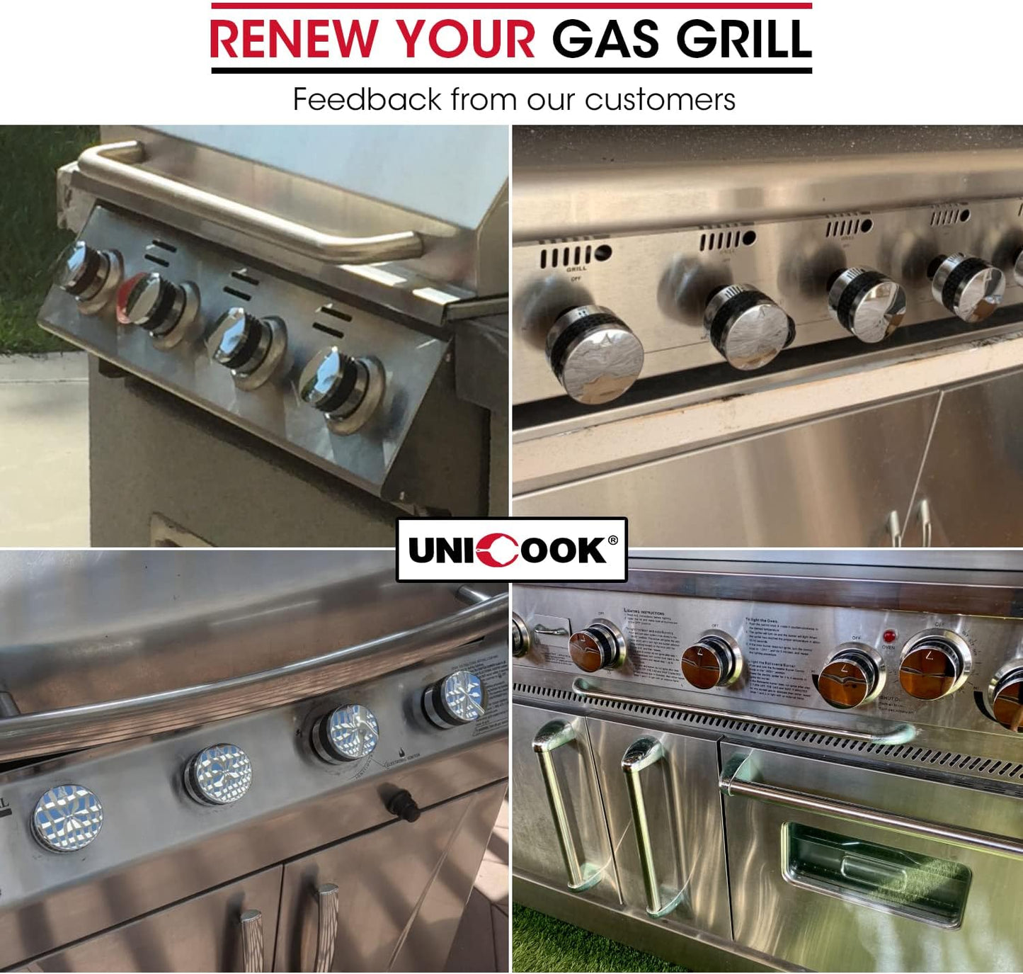 2 Pack Grill Control Knobs Replacement, Chrome Plated Plastic with Nonslip Grip, Fit BBQ Gas Grills with D Shaped Valve Stem, NOT Fit Recessed Flush Valve Stem, Include 2 Knobs and 6 Adaptors
