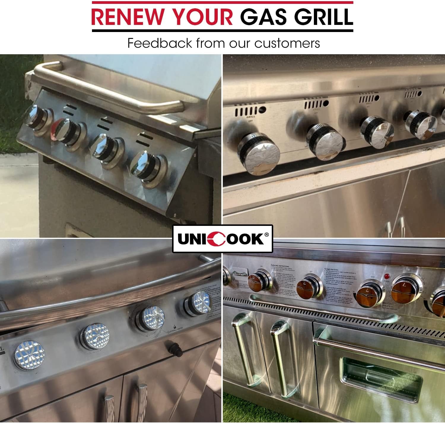 2 Pack Grill Control Knobs Replacement, Chrome Plated Plastic with Nonslip Grip, Fit BBQ Gas Grills with D Shaped Valve Stem, NOT Fit Recessed Flush Valve Stem, Include 2 Knobs and 6 Adaptors