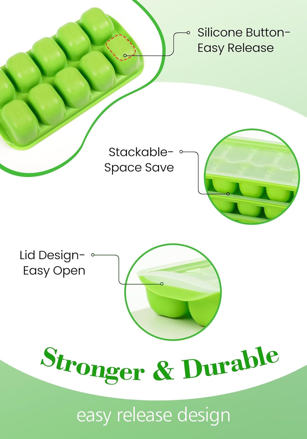 Ice Cube Tray with Lid and Bin, 4 Pack Easy Pop Out Silicone Ices Cubes Trays for Freezer with Cover, Stackable Compact Ice Bucket Kits, for Soup, Food, Cocktail, Coffee