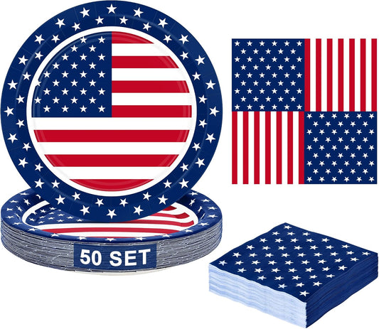 50 SET 4Th of July Plates and Napkins Sets, 9 in Fourth of July Paper Plates, Disposable American Flag Plate and Napkin, Red White Blue Patriotic Decorations Memorial Day Decor