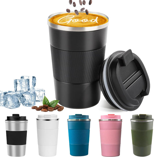 Insulated Travel Coffee Mug, Spill & Leak Proof, Portable to Go Camping Stainless Steel Coffee Tumbler, Reusable Thermal Coffee Cup with Lid for Hot & Cold Drinks (Black, 12 OZ)