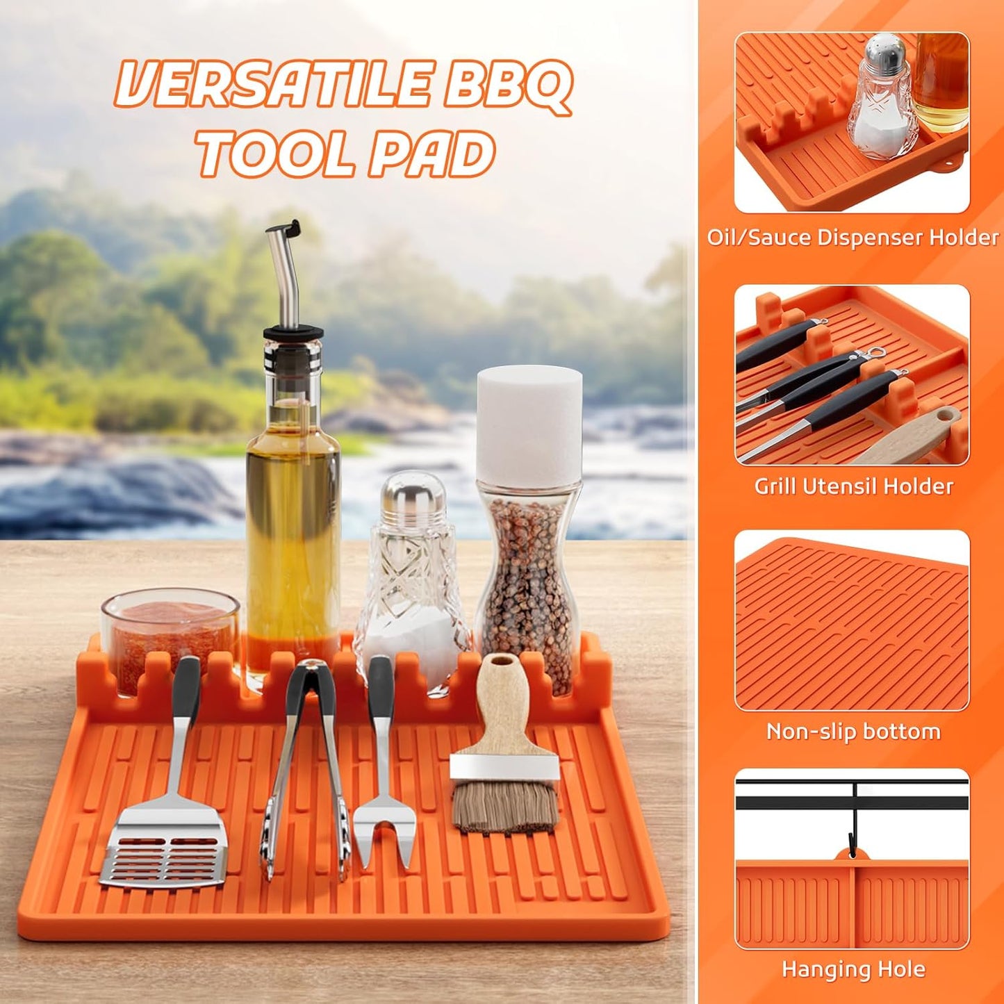 Silicone Griddle Mat with Seasoning Jar Holder and Side Shelf Pad for Outdoor Grilling Accessories, BBQ Tool Rest, and Kitchen Aid Attachments (Orange)