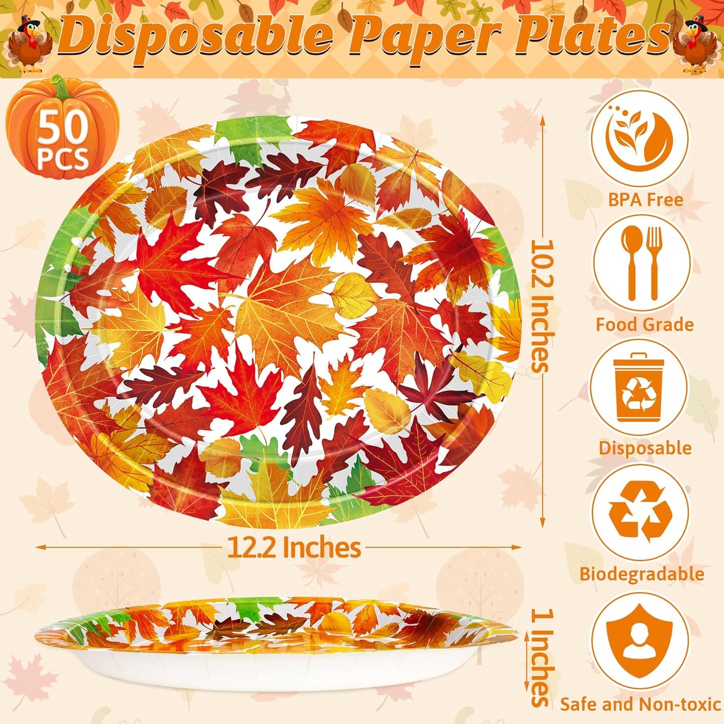 50 Pcs Thanksgiving Oval Plates, 12.2 × 10.2 Inches Thanksgiving Paper Plates, Disposable Autumn Dinnerware, Heavy Duty Maple Fall Paper Tableware for Harvest Party Supplies Decorations