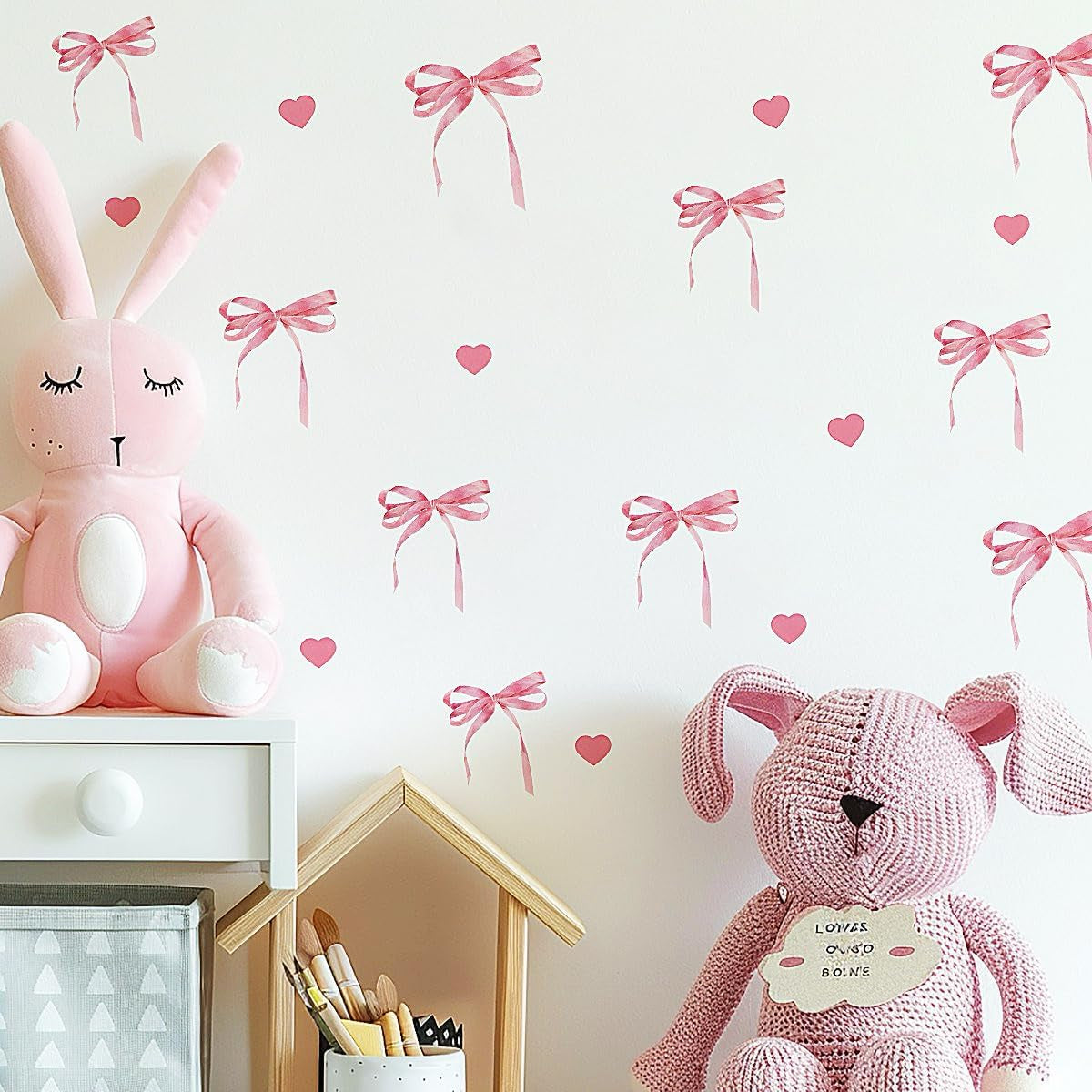 12 Sheets Bow Wall Stickers Peel and Stick Coquette Pink Bow Heart Decals for Room Nursery Boho Bedroom Dresser Playroom Living Room Windows Aesthetic Waterproof Wallpaper for Christmas Room Decor