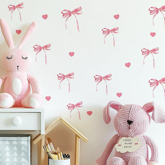 12 Sheets Bow Wall Stickers Peel and Stick Coquette Pink Bow Heart Decals for Room Nursery Boho Bedroom Dresser Playroom Living Room Windows Aesthetic Waterproof Wallpaper for Christmas Room Decor