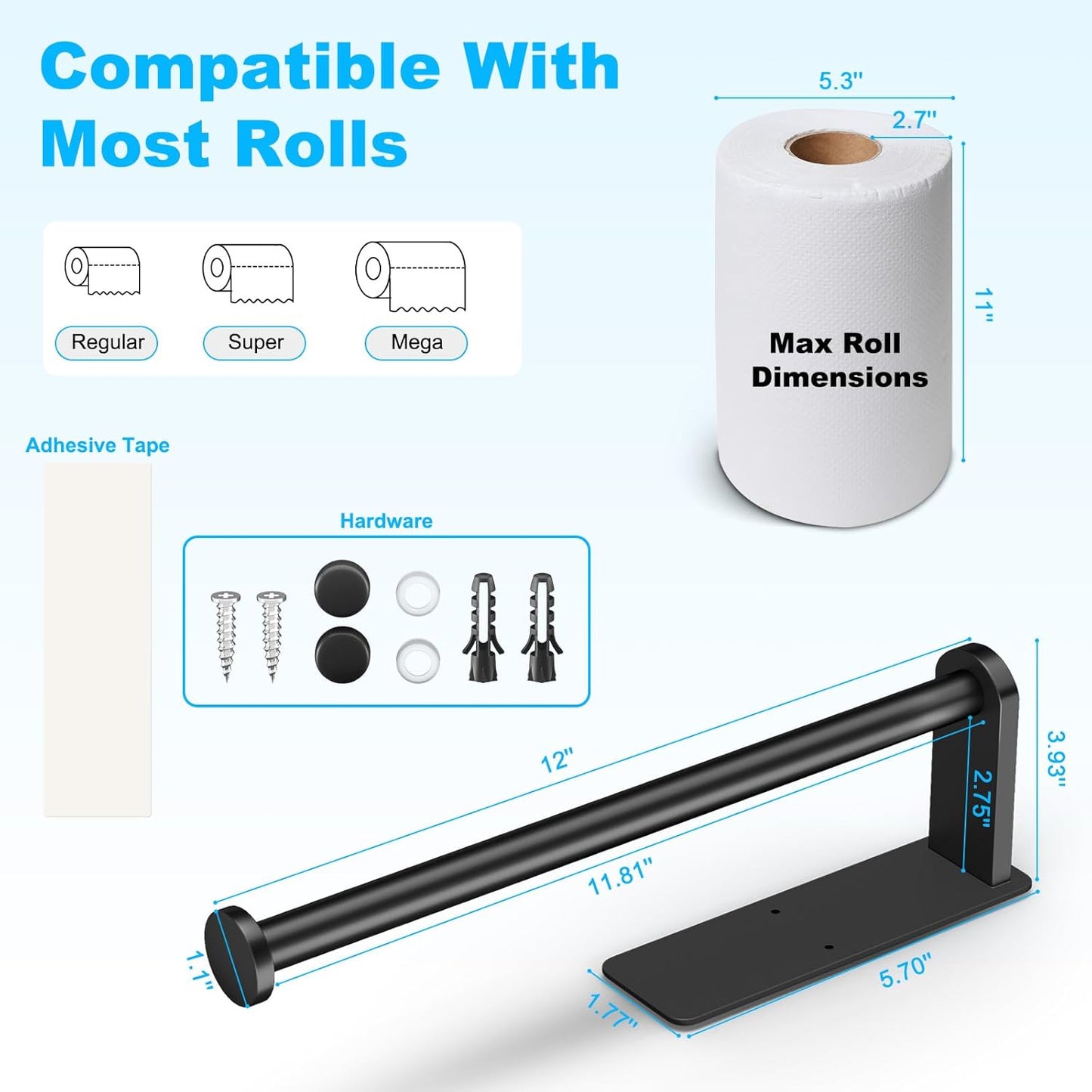 Black Paper Towel Holder under Cabinet, No Drilling under Counter Paper Towel Holder Wall Mount Towel Rack, Adhesive Toilet Paper Roll Holders for Kitchen Bathroom Fridge Pantry Garage RV Essentials