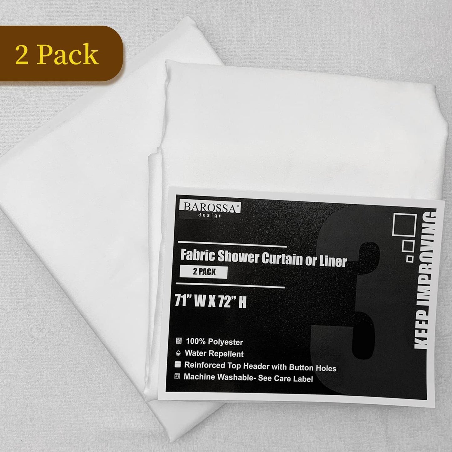 2-Pack Fabric Shower Curtain Liners Lightweight - White Cloth Shower Liners with Magnets, Washable & Water Repellent, 12 Button Holes, Hotel Quality - 71" W X 72" L, White