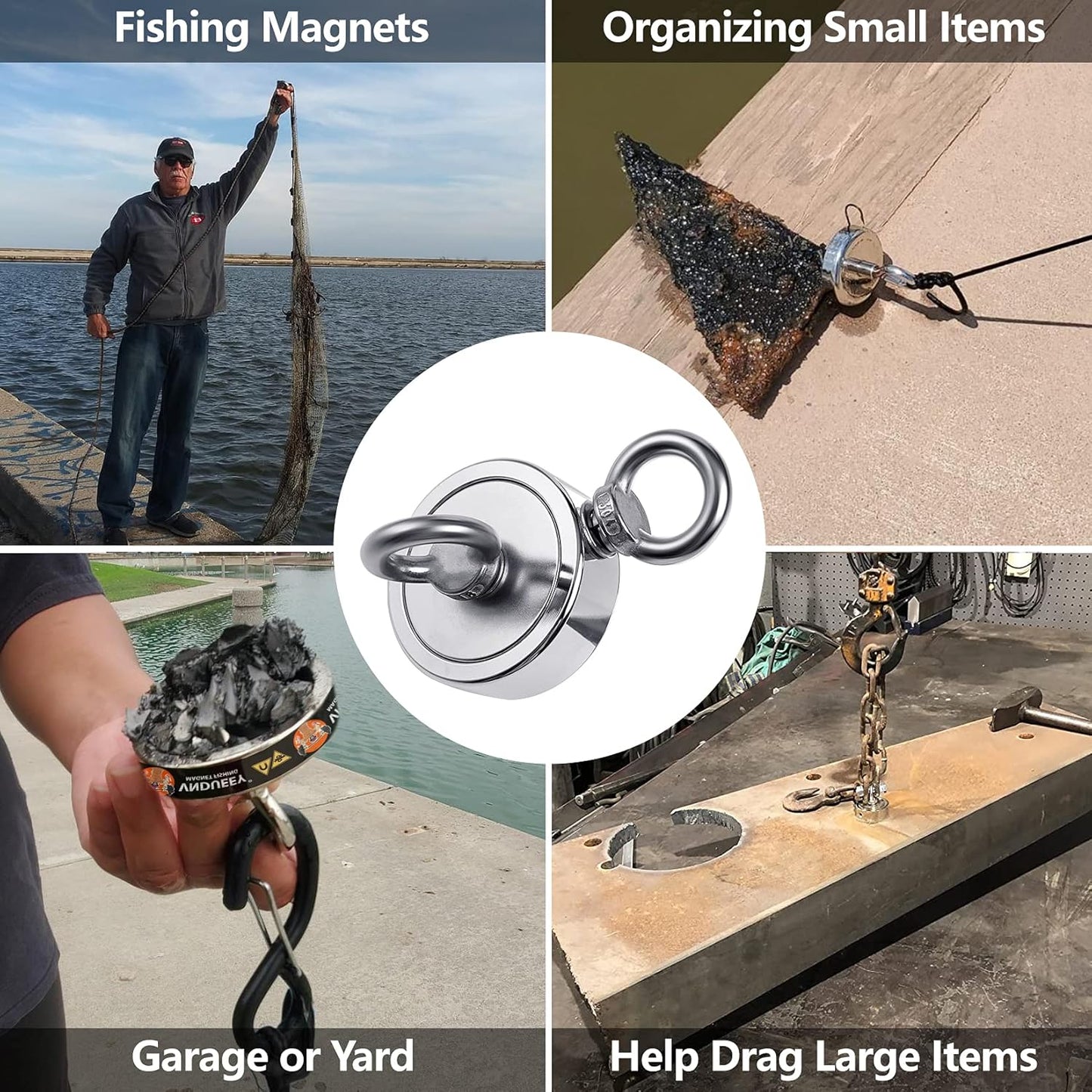 Professional Magnet Fishing Kit - 760 LBS Pulling Power with Grappling Hook, Heavy-Duty 65FT Rope, Gloves, and Locking Carabiner - 2.36 Inch Diameter