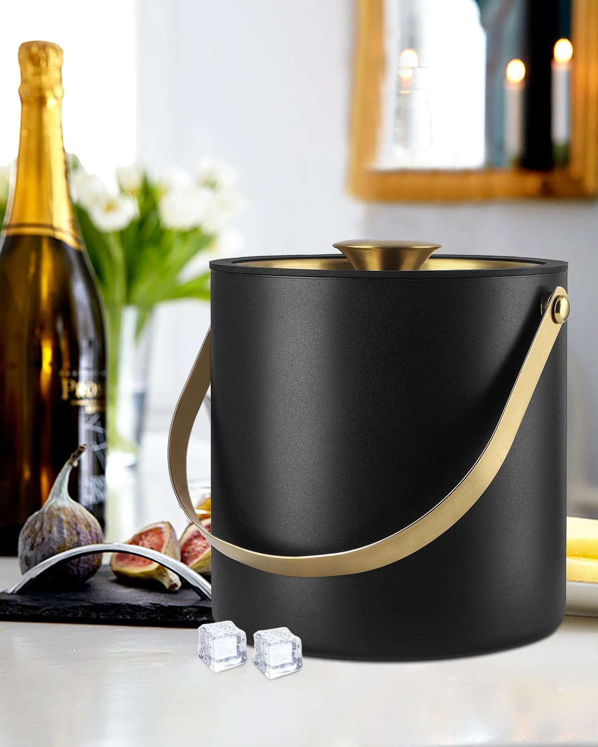 3L Ice Bucket with Silicone Lid, Scoop, Gold Tongs & Strainer, Stainless Steel Double Wall Insulated Ice Buckets for Parties & Cocktail Bar, Outdoor Champagne Ice Container Bin, Black