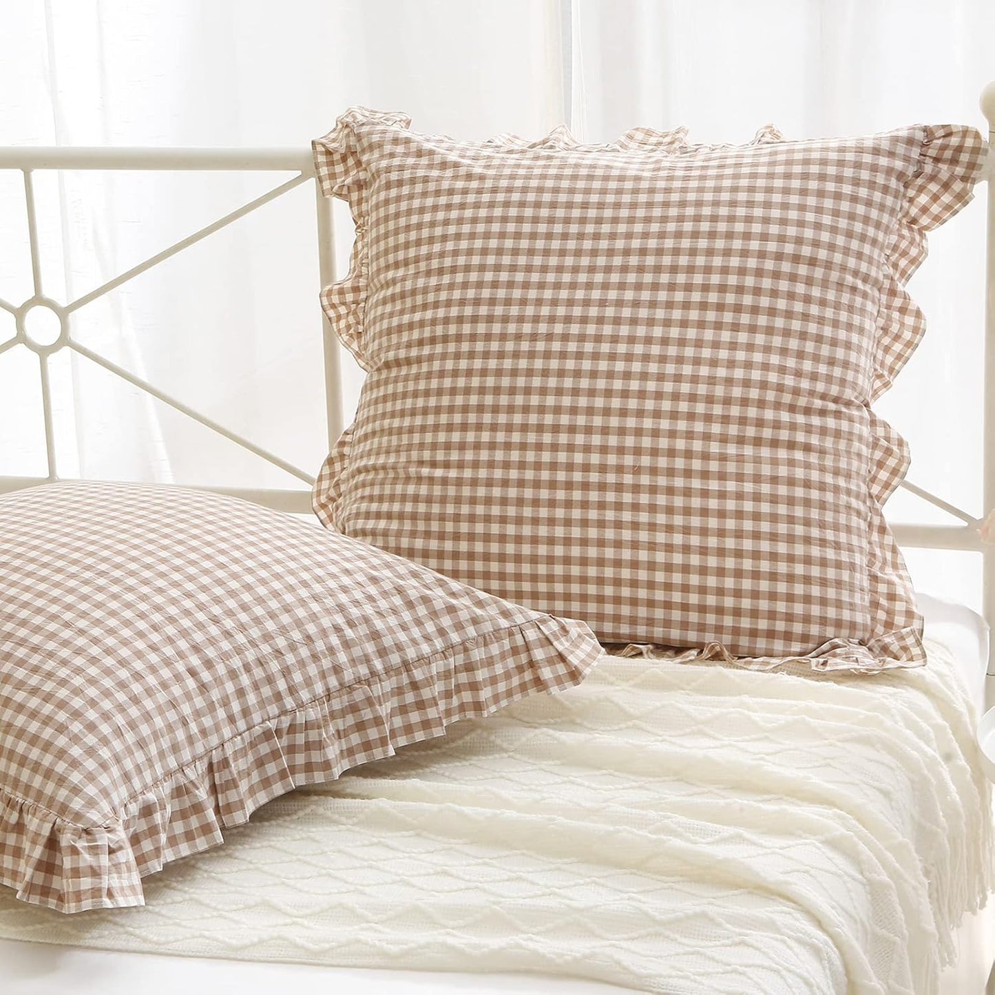 Set of 2 Taupe and White Plaid Ruffle Square Euro Pillow Shams - 100% Washed Cotton Gingham in Camel Brown for Fall Decor - 26'' x 26