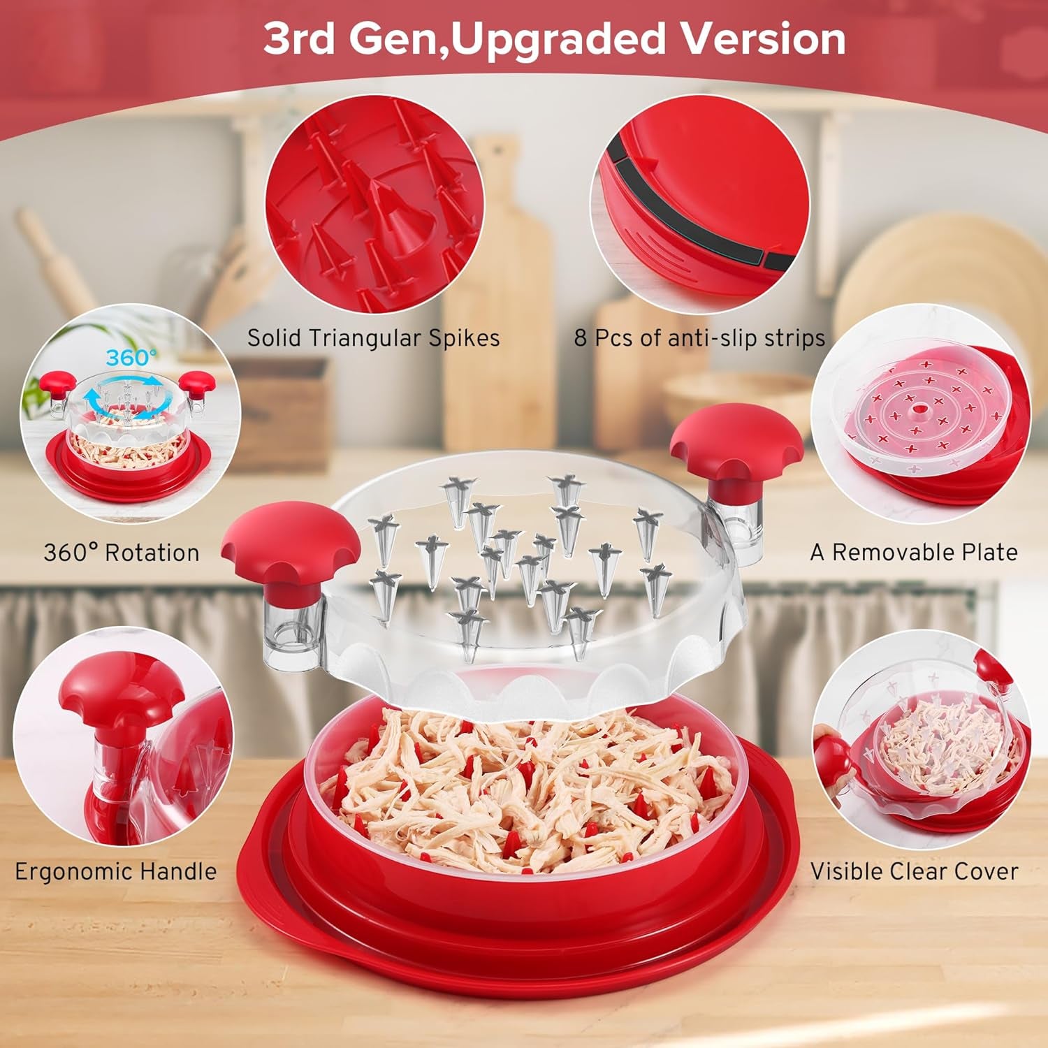 3Rd Gen Chicken Shredder Tool Twist Large with Detachable Plate for Easy Transfer, Chicken Breast Shredder, Meat Shredder, Strong Anti-Slip Strip Base, Visible Lid, Ergonomic Handle, Dishwasher Safe